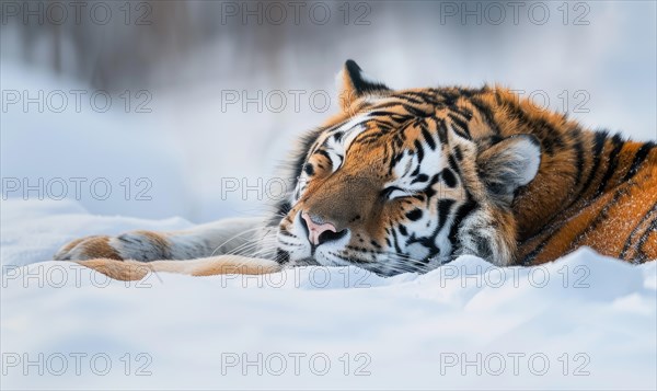 Close-up of a Siberian tiger resting in the snow AI generated