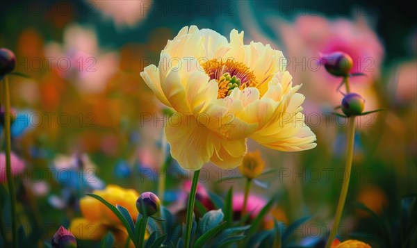 Close-up of a yellow peony blooming in the garden AI generated