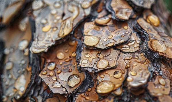 Close-up of cedar bark with raindrops clinging to its textured surface AI generated