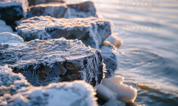 Close-up of frost-covered rocks along the edge of a frozen lake AI generated