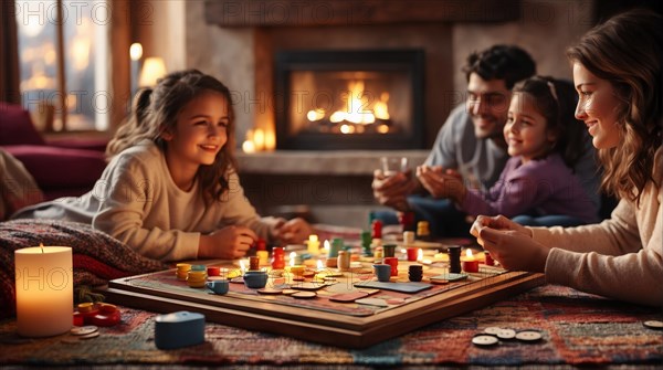 Family laughing and having a good time playing a board game in a cozy room with a fireplace, AI Generated, AI generated