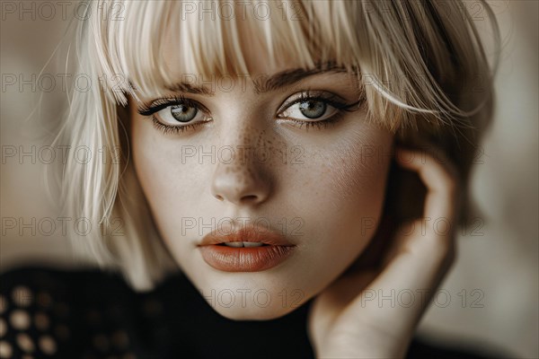 Portrait of young attractive woman with blond hair with bob hairstyle with bangs. KI generiert, generiert, AI generated