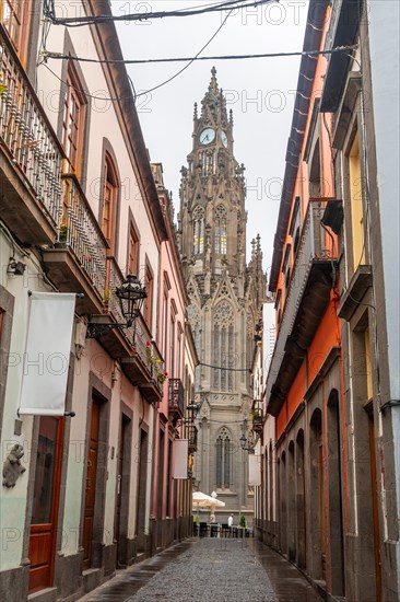 Beautiful street next to the Church of San Juan Bautista, Arucas Cathedral, Gran Canaria, Spain, Europe