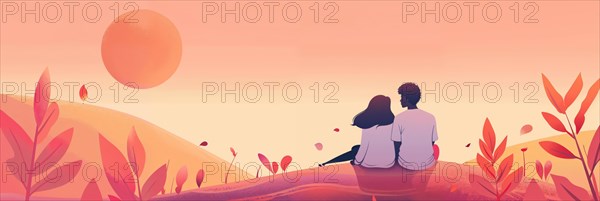 A couple enjoying the peaceful sunset together on a hill, romantic, AI generated, AI generated