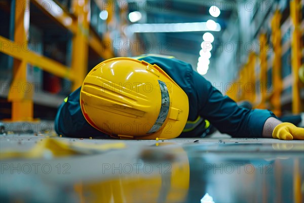 Worker with safety helmet lying on warehouse floor after accident. KI generiert, generiert, AI generated