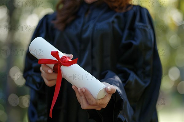 Woman in graduation robe holding degree paper certificate roll with red ribbon. KI generiert, generiert, AI generated