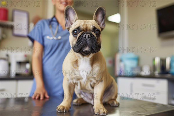French Bulldog dog at vet. Sitting on examination table at veterinary practice clinic. KI generiert, generiert, AI generated
