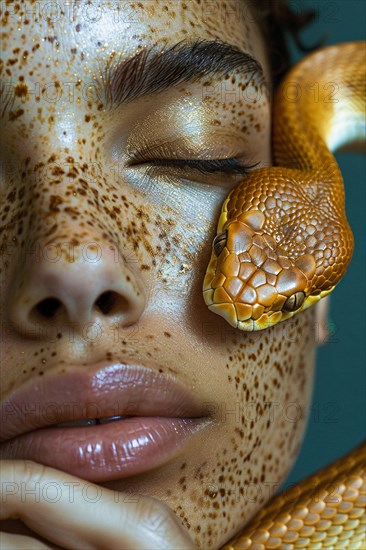 Detail of a person's face with closed eyes and a snake on their cheek, blurry teal turquoise solid background, beauty studio lighs, fashion artsy make up, high concept potraiture, AI generated