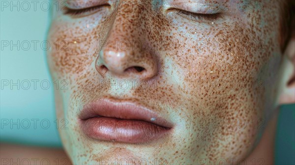 Close-up of a peaceful caucasian male with freckles and natural complexion, blurry teal turquoise solid background, beauty product studio light, fashion artsy make up, high concept potraiture, AI generated