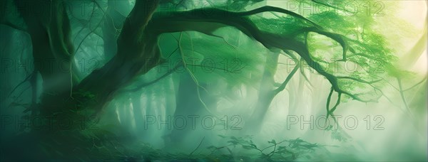 AI generated ethereal mystical forest scene with digital glow effects