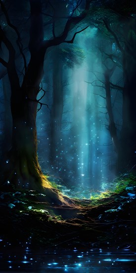 AI generated ethereal mystical forest scene with digital glow effects