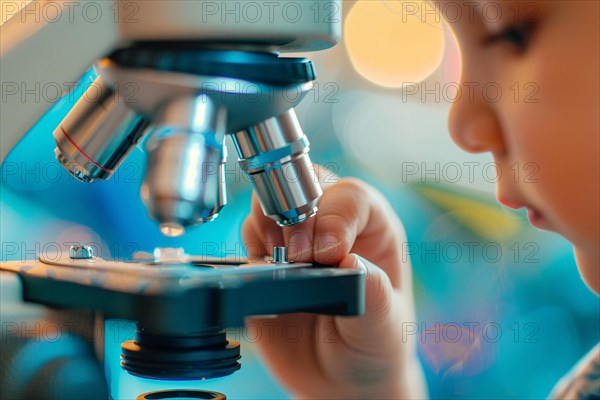 Close up of child with microscope. KI generiert, generiert, AI generated