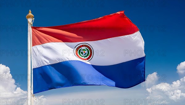 The flag of Paraguay flutters in the wind, isolated against a blue sky