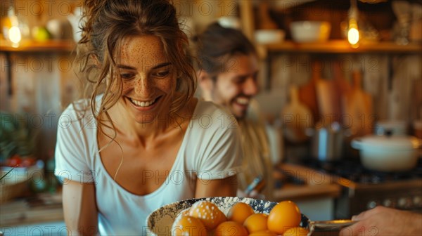 A woman with freckles joyfully handing over a bowl of eggs with a man in the background, AI generated