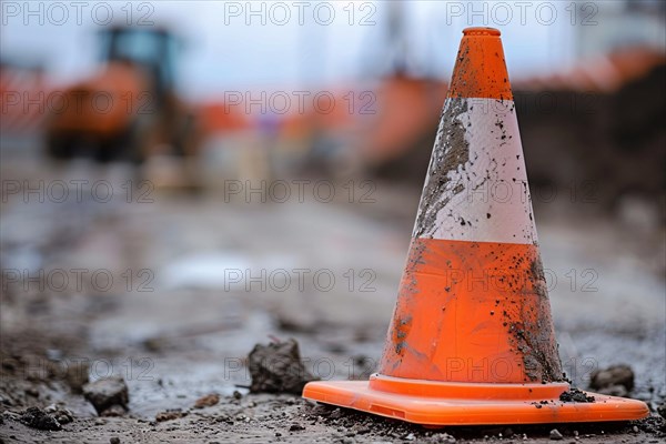 Orange traffic cone in street. KI generiert, generiert, AI generated