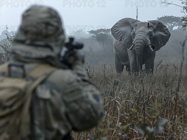 Elephant hunting in Africa, AI generated