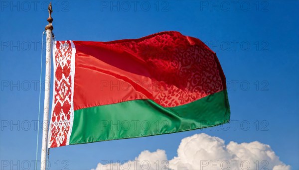 The flag of Belarus flutters in the wind, isolated, against the blue sky