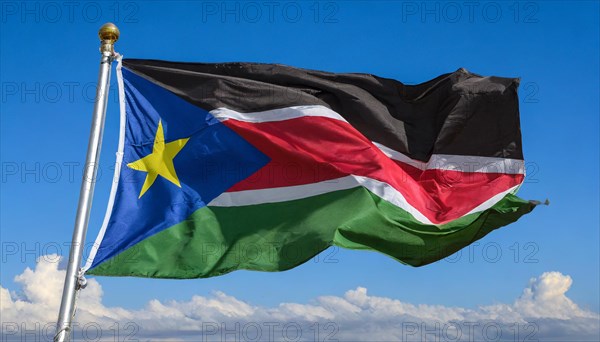 The flag of South Sudan, fluttering in the wind, isolated, against the blue sky