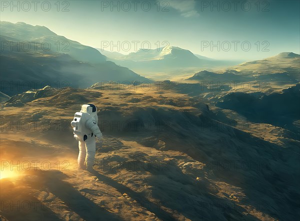 Generative AI of an astronaut exploring an alien world, AI generated