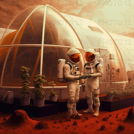 Hydroponic greenhouses installed on mars. Future vision of human colonization on other planets. Generative AI image, AI generated