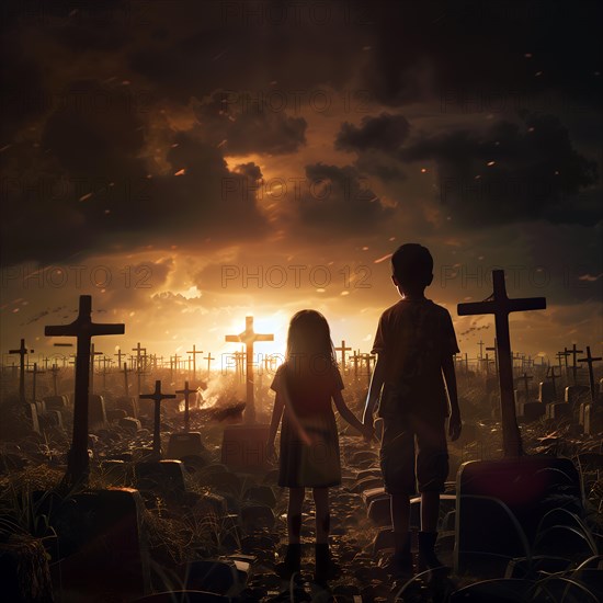 Silhouettes of two children standing hand in hand in a cemetery at sunset, war, war graves, military cemetery, AI generated