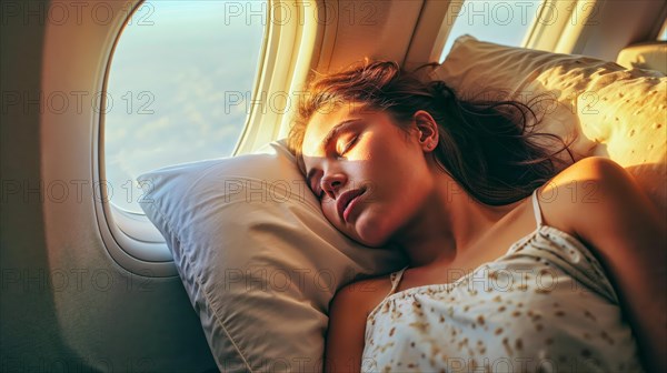 A woman finds sleep in the soft morning light at the window of an aeroplane, AI generated, AI generated