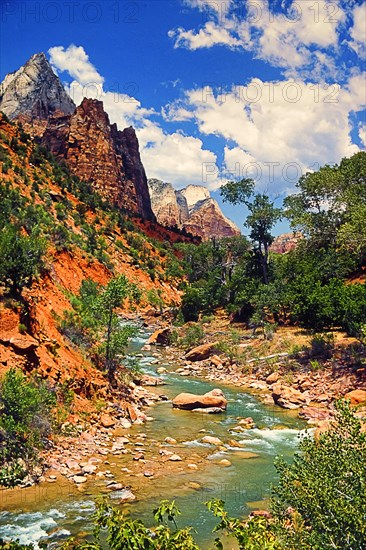 Riverbed and mountains, blue sky, picturesque landscape, Zion National Park, Utah, USA, North America