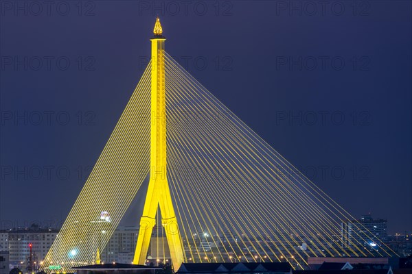 The illuminated Rama VIII Bridge over the Mae Nam Chao Praya, Bangkok, Thailand, Asia