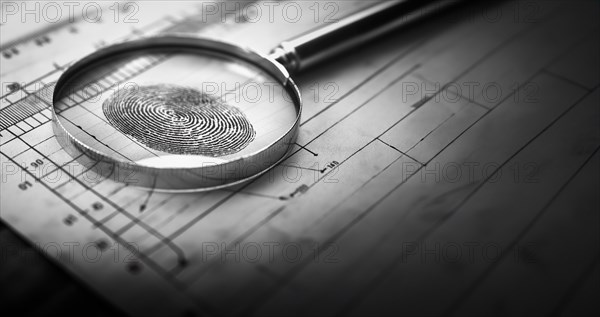 Magnifying glass resting on a fingerprint on paper. generative AI, AI generated