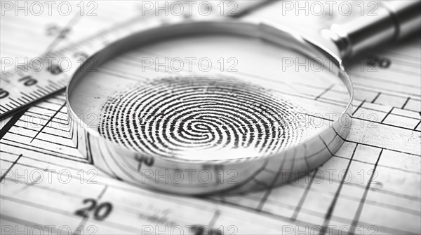 Magnifying glass resting on a fingerprint on paper. generative AI, AI generated