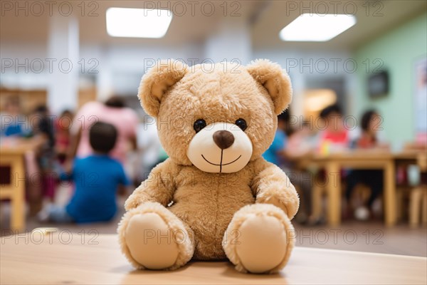 Teddy bear with blurry room with children iin children day care center, kindergarten or preschoolÂ´in background. KI generiert, generiert, AI generated