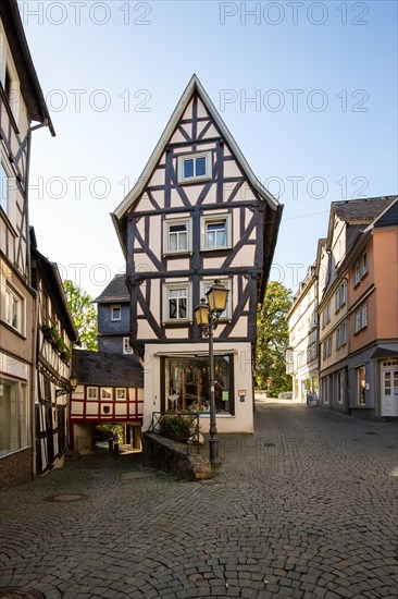 Old half-timbered houses in a town. Streets and buildings in the morning in Wetzlar, Hesse Germany