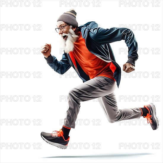 Energetic older man in fashionable sportswear runs with a joyful expression, run, start, advert, special offer, AI generated