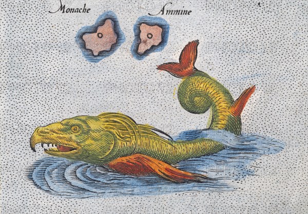 Sea monster, detail from: Sri Lanka as the mythical island of Taprobana, hand-coloured copperplate engraving by Gerhard Mercator, Utrecht 1695