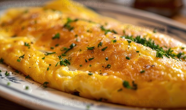 Close-up of a golden omelette on a plate AI generated