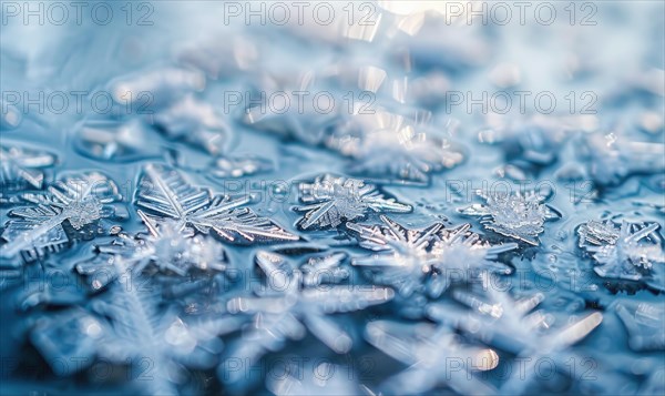 Close-up of icy patterns forming on the surface of a frozen lake AI generated