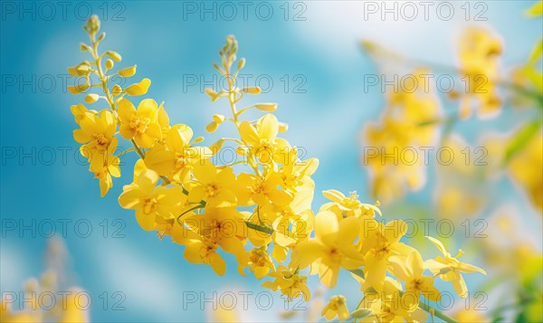 Laburnum flowers with their vibrant color contrasting against a blue sky AI generated