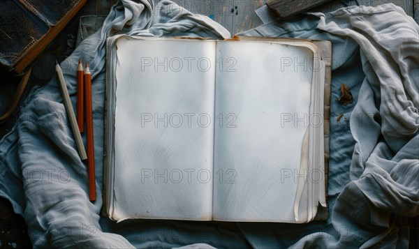 A sketchbook open to a blank page with graphite pencils beside it AI generated