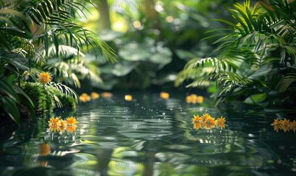 A tranquil pond surrounded by lush greenery AI generated