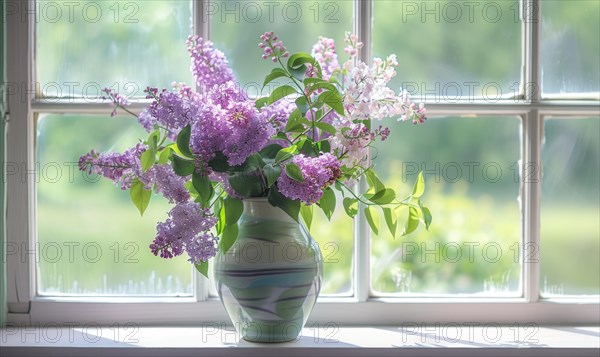 A vase of lilacs on a windowsill, fresh AI generated