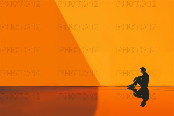Silhouette of a person in the middle of a minimalist composition of orange-coloured surfaces, loneliness, depression, AI generated, AI generated
