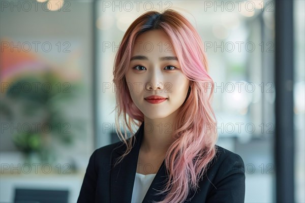 Young Asian woman with black business suit with pastel pink dyed hair. KI generiert, generiert, AI generated