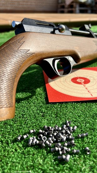 Air rifle for training with its target and its pellets on the grass