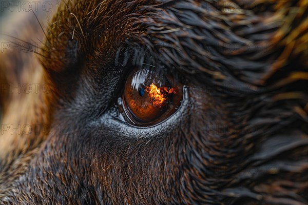Close up of bear's eye with reflection of burning forest. KI generiert, generiert, AI generated