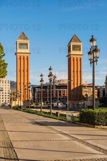 The Venetian Towers, Torres Venecianes or Venetian Towers in the morning light at Placa Espana in Barcelona, Spain, Europe
