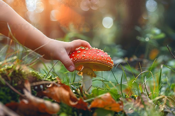 Child's hands picking up red toxic fly agaric Amanita Muscaria mushroom in forest. KI generiert, generiert, AI generated