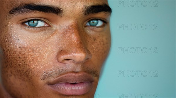 Close-up of a male with freckles and intense blue eyes, blurry teal turquoise solid background, beauty product studio lightning, fashion artsy make up, high concept potraiture, AI generated