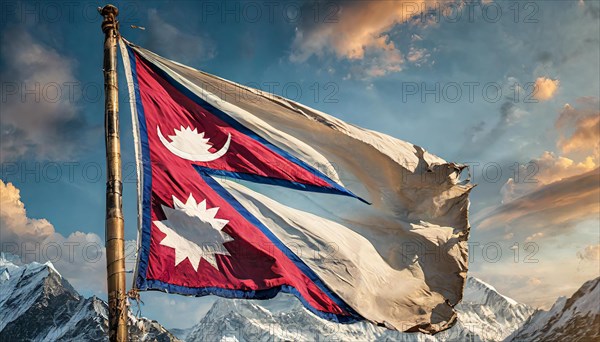 The flag of Nepal, fluttering in the wind, isolated against a blue sky