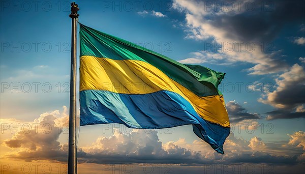 The flag of Gabon flutters in the wind, isolated against a blue sky