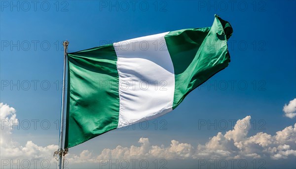 The flag of Nigeria flutters in the wind, isolated against a blue sky